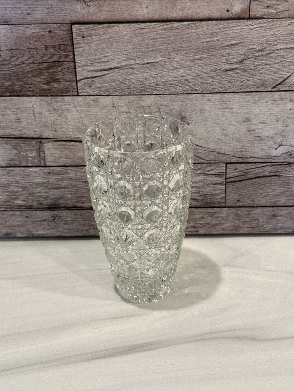 Vintage Hand Cut Crystal Vase Heavy Brilliant Glass Button Cane Octagonal 6 Inch